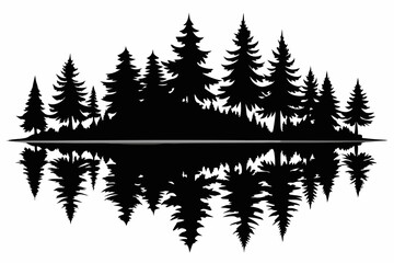 Naklejka premium reflection in water pine tree forest silhouette line art vector illustration