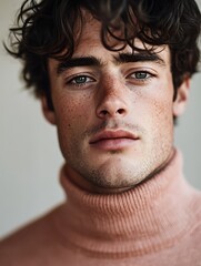 Obraz premium Stylish man with dark wavy hair wearing pastel salmon-pink fitted turtleneck, soft studio lighting, neutral blurred background
