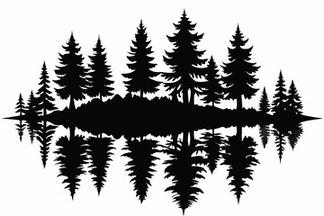 Obraz premium reflection in water pine tree forest silhouette line art vector illustration