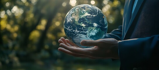 Businessman holding globe in hands representing earth care and global concept blue planet in male ecology and background of business and nature communication travel and future technology
