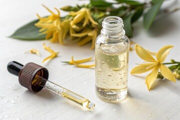 bottle of essential oil and ylang ylang flower