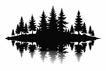 Fototapeta premium reflection in water pine tree forest silhouette line art vector illustration