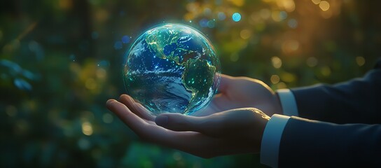 Businessman holding globe in hands representing earth care and global concept blue planet in male ecology and background of business and nature communication travel and future technology