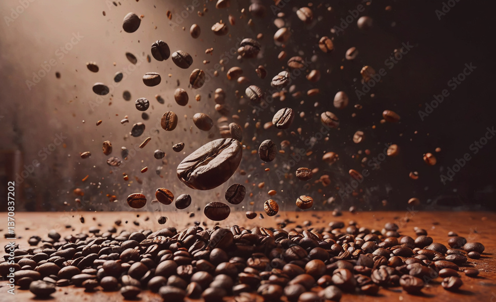Poster pile of coffee beans with one bean in the middle. the beans are scattered all over the table
