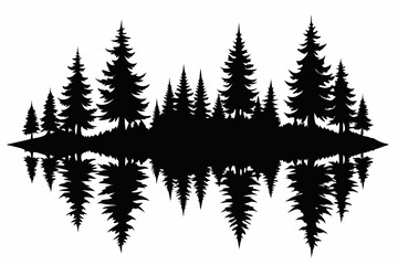 Fototapeta premium reflection in water pine tree forest silhouette line art vector illustration