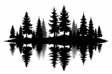 Fototapeta premium reflection in water pine tree forest silhouette line art vector illustration