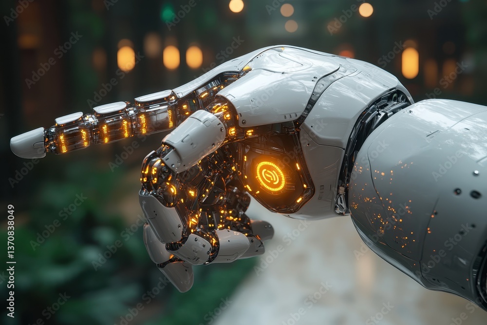 Poster robotic hand with glowing circuits points towards an unseen object in a futuristic setting filled wi