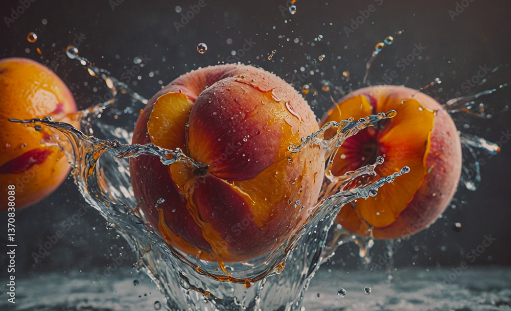 Poster three juicy, ripe oranges are floating in a bowl of water, creating a beautiful and refreshing scene