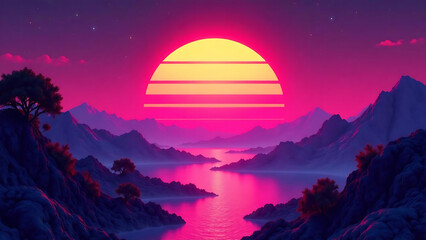 Obraz premium 80s style striped sun setting over a synthwave landscape, sunset, sunrise, 80s, retro, vintage, arcade game, synthwave, neon