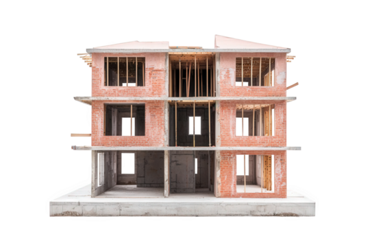 Modern building construction process showing a partially completed two-story structure with exposed brick walls and wooden framing against a white background