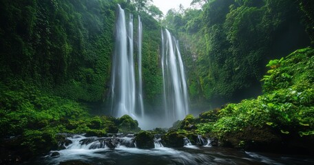 Fototapeta premium Cascading Water Flows Down a Lush Green Forest Landscape