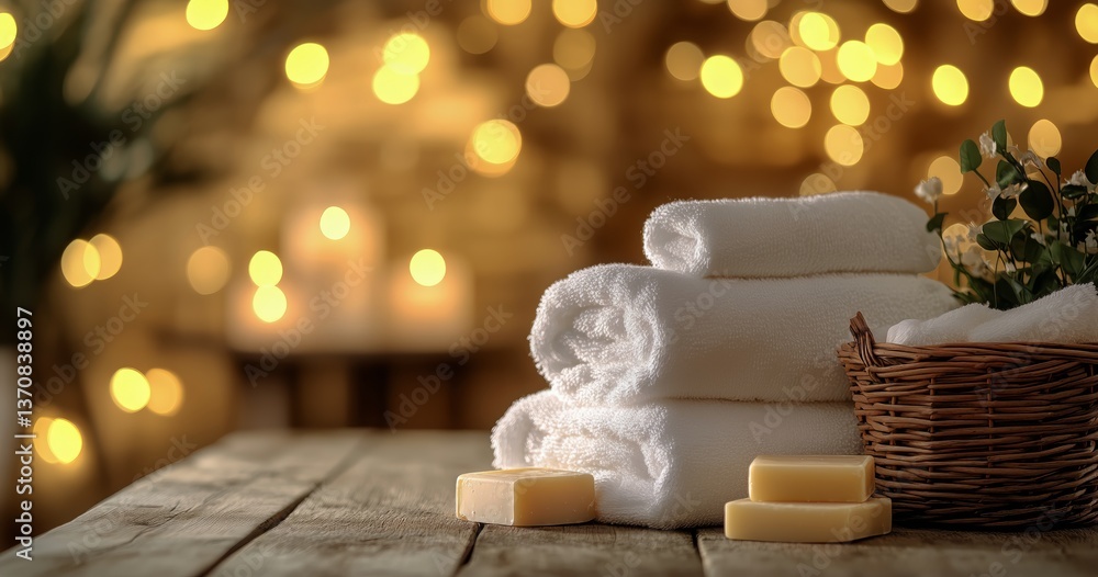 Poster relaxing spa setup with towels, soap and cozy warm lights in a tranquil setting