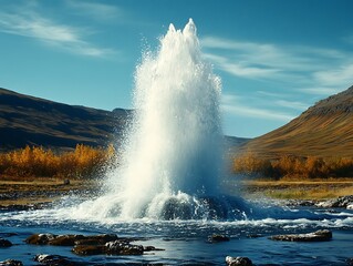 A tall geyser erupting water amidst a scenic landscape view
