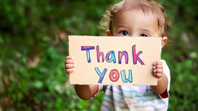 A todler with glasses smiles while holding a sign that says thank you. He stands surrounded by vibrant flowers in a sunny field, radiating joy and appreciation.