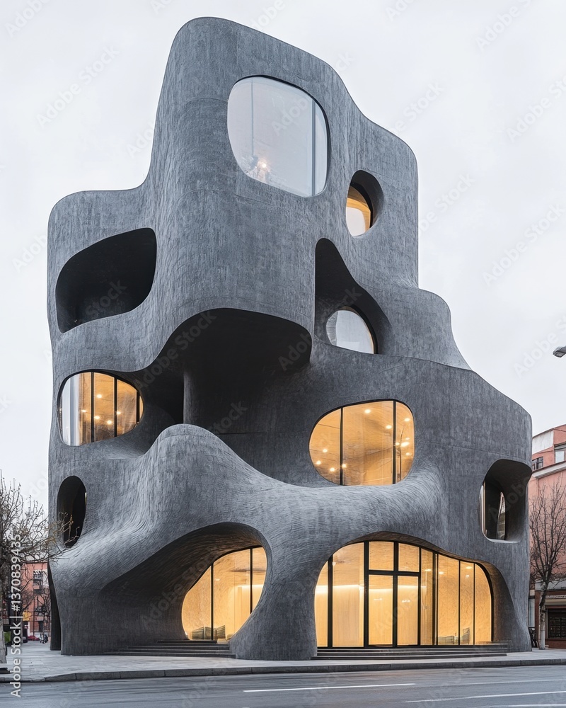 Poster unique architecture of modern building with organic design and rounded windows in urban setting unde