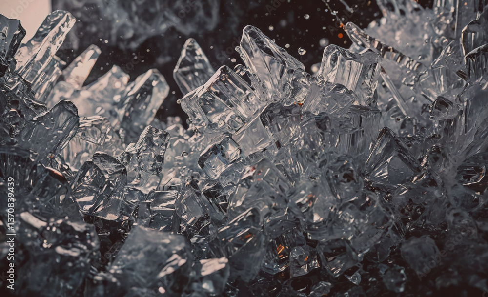 Poster pile of ice cubes with a few pieces missing. the ice cubes are scattered all over the surface