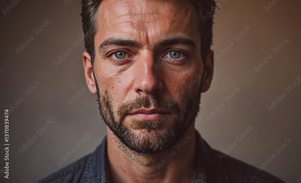 Poster man with a beard and blue eyes. he is wearing a blue jacket. he is looking at the camera