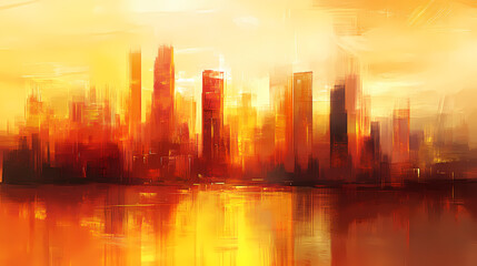 Fototapeta premium An abstract cityscape painting with warm oranges and yellows, evoking emotions of warmth and nostalgia with artistic flair and creativity. Dusky Reflection. Illustration
