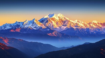 Obraz premium A majestic snow-capped mountain range bathed in the first golden light of sunrise