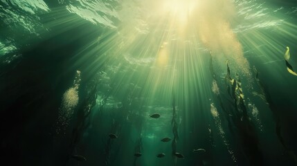 Sunlight rays underwater. Algae and sunlight underwater.