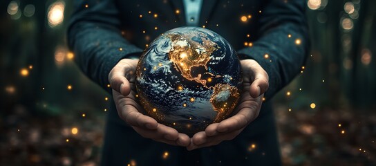 Businessman holding globe in hands representing earth care and global concept blue planet in male ecology and background of business and nature communication travel and future technology