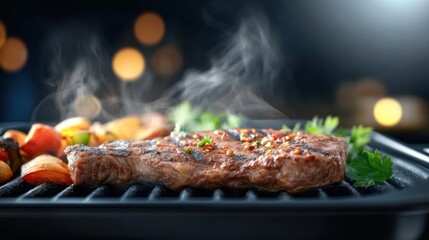 Grilled steak and vegetables backyard barbecue food photography evening glow close-up shot culinary art