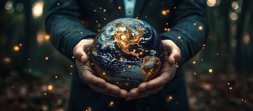 Businessman holding globe in hands representing earth care and global concept blue planet in male ecology and background of business and nature communication travel and future technology