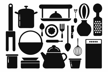set of kitchen elements icon silhouette line art vector illustration