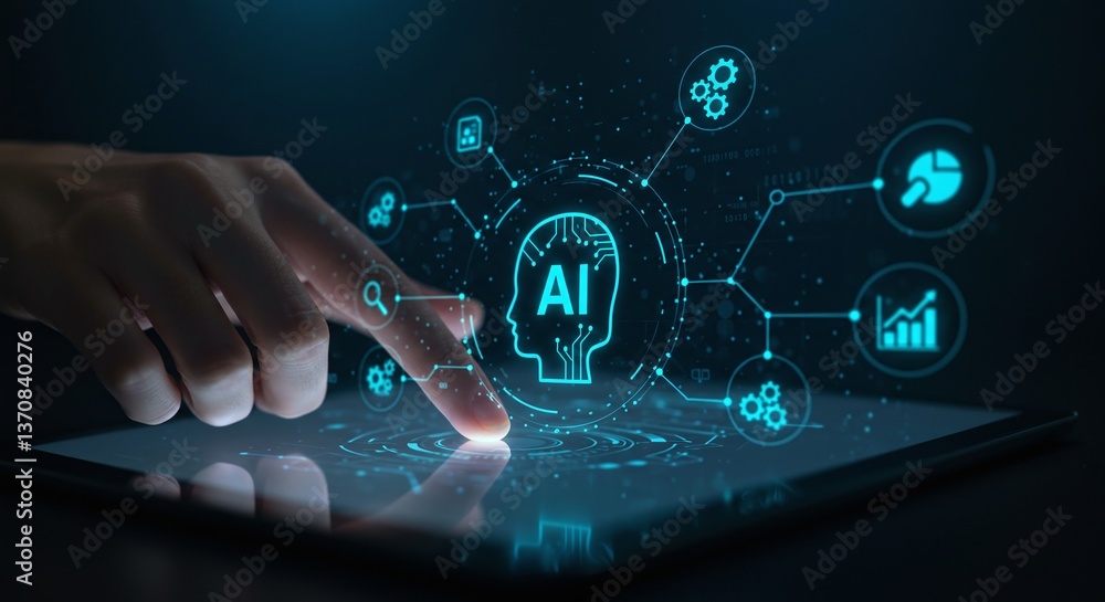 Poster digital touch of tomorrow: a hand interacting with an ai-powered interface.