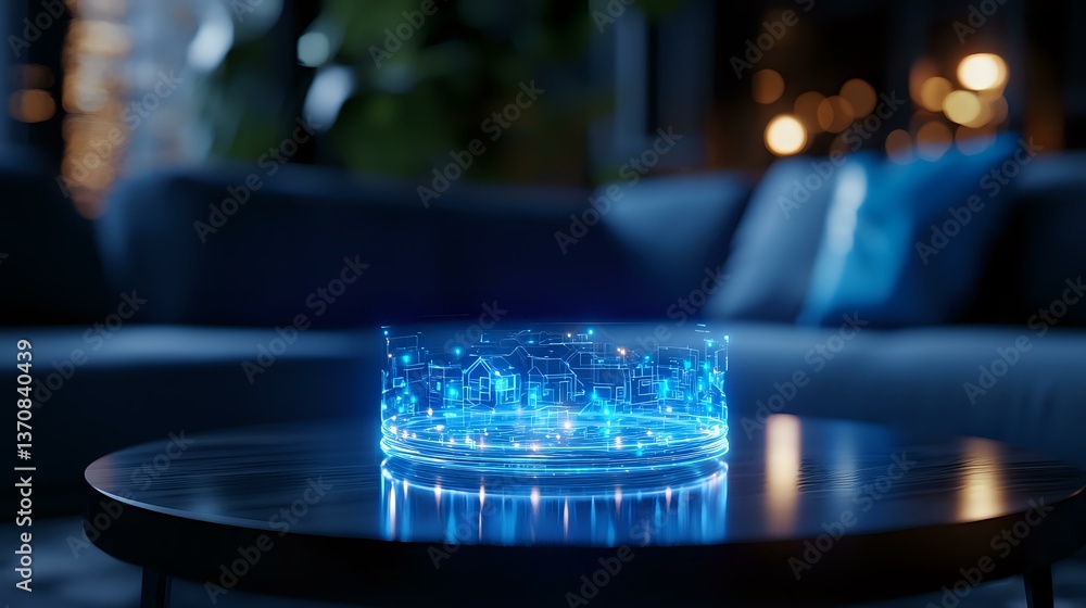 Poster glowing blue holographic city skyline projection on round table with bokeh lights in dark room creat