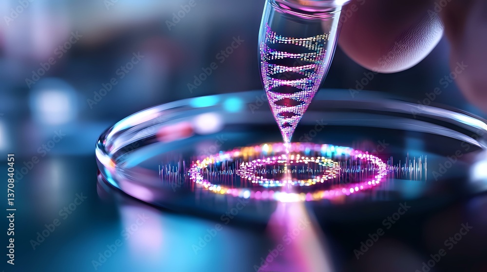 Poster futuristic laboratory research with dna analysis visualization in petri dish. glowing neon circles a