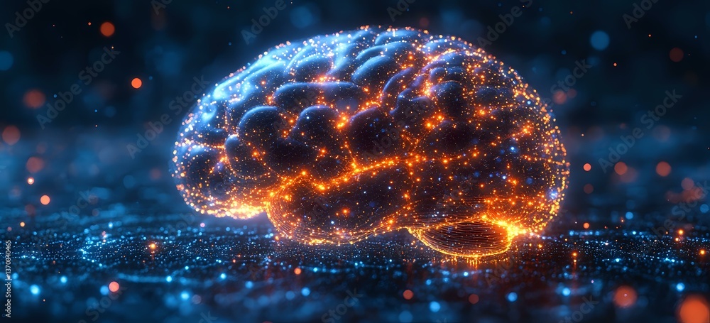Poster glowing brain shape formed by interconnected light particles and energy streams against dark backgro