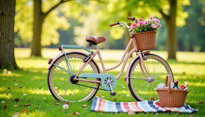 Fototapeta premium Vintage bicycle adorned with flowers in sunny park, cheerful ambiance
