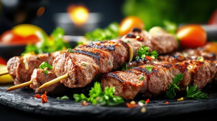 Grilling delicious beef kebabs at a backyard barbecue outdoor gathering food photography summer vibes close-up shot culinary delight