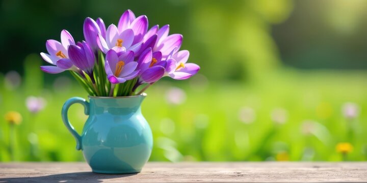 A vibrant bouquet of purple crocus blossoms arranged in a teal pitcher, sitting on a rustic wooden surface, with a softly blurred background of springtime greenery.