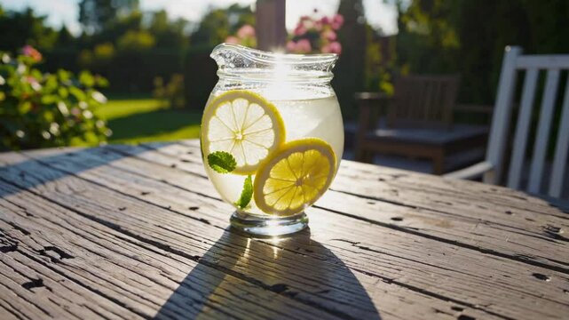 Chilled summer lemonade sparkles with citrus slices, radiating refreshing joy, tropical vibes and thirst-quenching sunshine delight