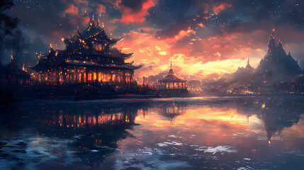 Naklejka premium Ornate asian temple reflects in a partially frozen lake under a dusky illuminated sky creating a serene and colorful nighttime vista. Dusky Reflection. Illustration