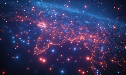 Obraz premium Europe night map with glowing city lights & network data flow