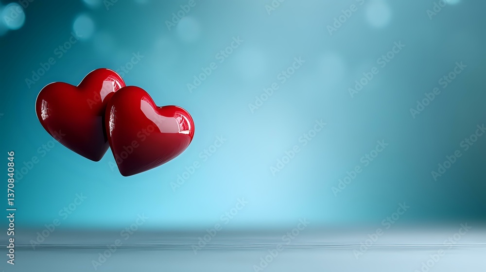 Poster red glossy hearts floating against turquoise bokeh background. romantic minimalist composition with 
