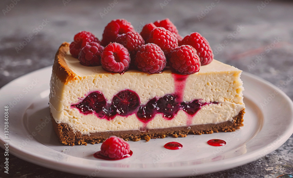 Poster Slice of cheesecake with raspberries on top. The raspberries are scattered around the edge of the slice