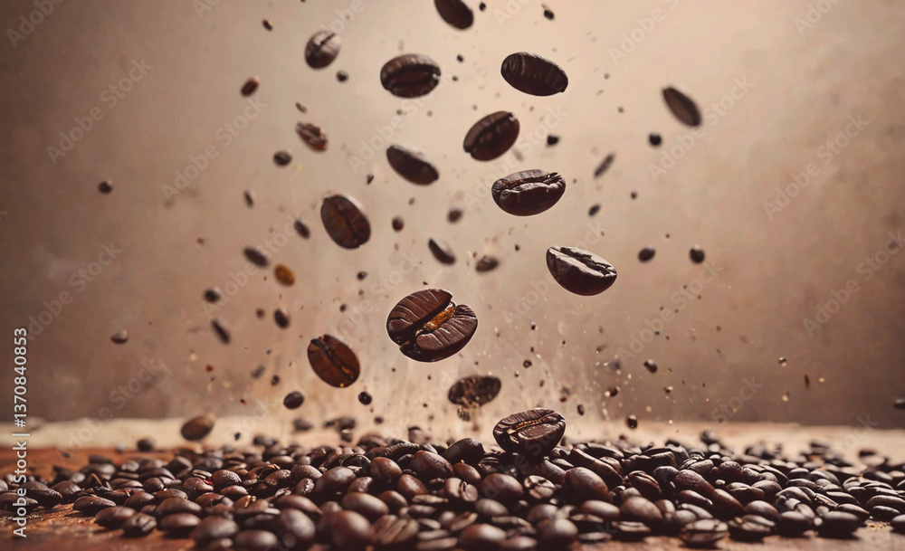 Poster pile of coffee beans is scattered on a table. some of the beans are broken and others are whole
