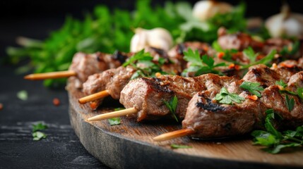 Grilled meat skewers outdoor barbecue food photography rustic setting close-up culinary delight