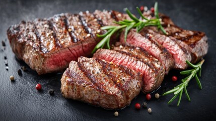 Sizzling grilled steak restaurant kitchen food photography culinary setting close-up gourmet concept