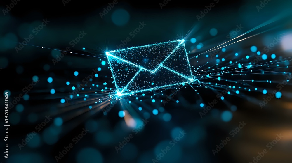 Poster glowing digital mail envelope icon with network connections on dark background, neon blue light effe
