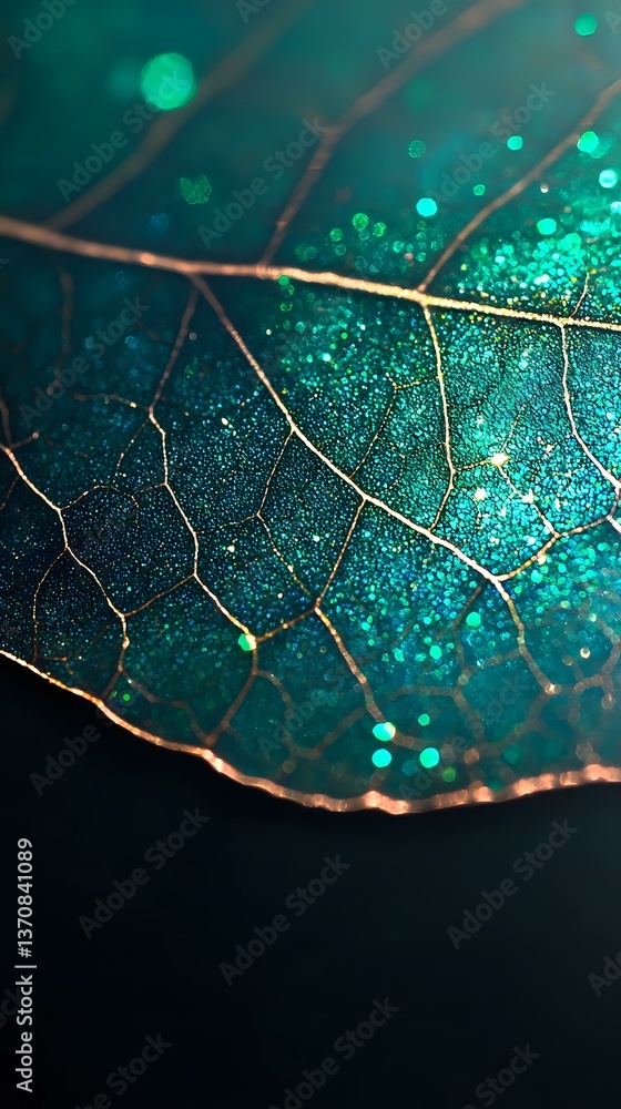 Poster macro shot of delicate leaf skeleton with turquoise glitter bokeh effect against dark background, sh