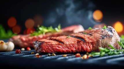 Grilling juicy steak outdoor bbq culinary photography nighttime close-up deliciousness