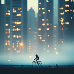 Silhouette of cyclist riding on foggy road with blurred city skyline at dusk