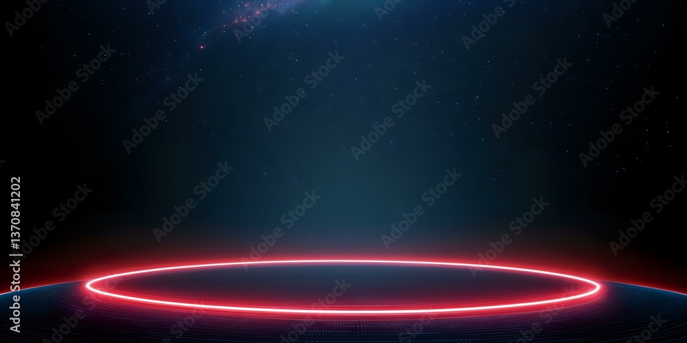 Poster glowing red neon ring on dark background with atmospheric light effects and starry elements creates 