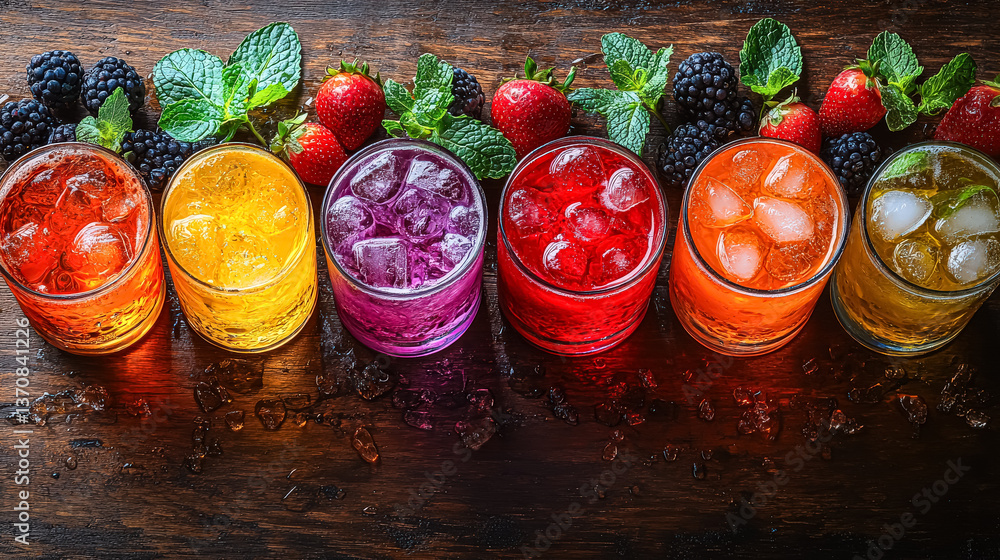 Poster row of colorful drinks with ice cubes in them. the drinks are arranged in a row on a wooden table