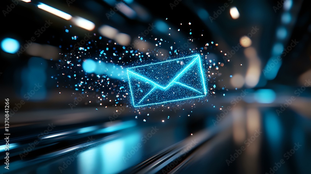 Poster glowing blue digital envelope icon with sparkle particles floating in dark space, motion blur effect